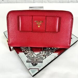 PRADA Saffiano Leather Bow Zip Around Wallet